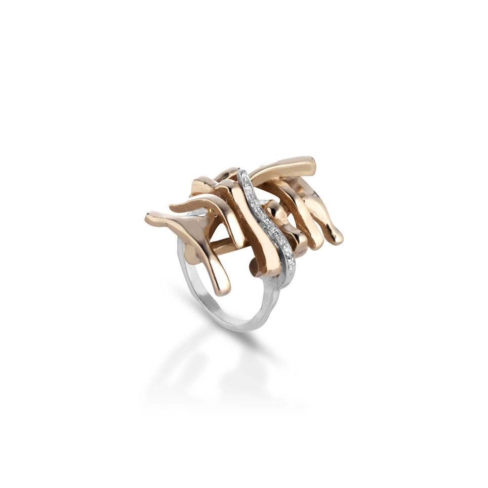 Silver, bronze ring with diamonds